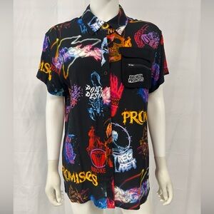Broken Promises Black Graphic Rayon Camp Casual Short Sleeves Shirt Women’s M
